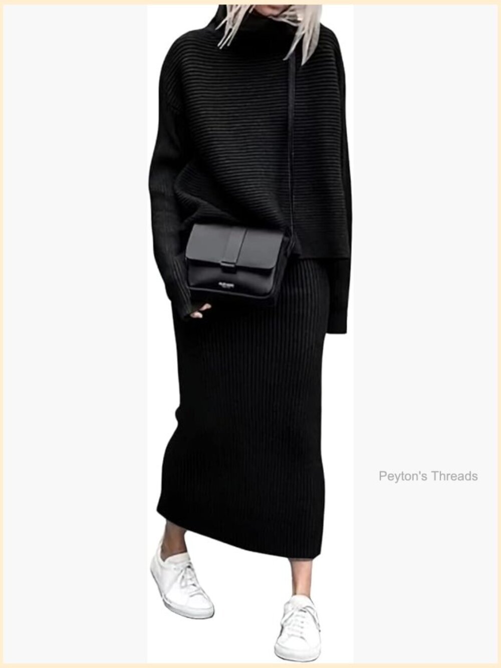 Ribbed Knit 2 Piece Sweater Outfit Turtleneck Pullover Maxi Skirt Set